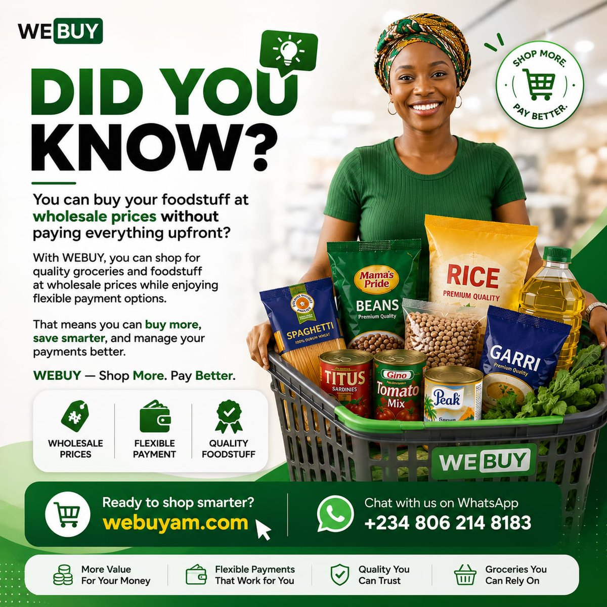 WeBuy001's tweet photo. DID YOU KNOW?

You can buy your foodstuff at wholesale prices without paying everything upfront?

That means you can buy more, save smarter, and manage your payments better.

WEBUY — Shop More. Pay Better.

Ready to shop smarter?

WhatsApp: +234 806 214 8183 https://t.co/P9orcMR4P4