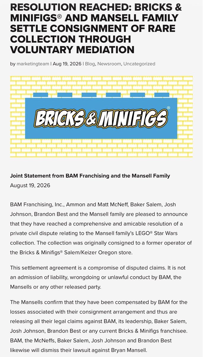 Awk20000's tweet photo. Bricks &amp; Minifigs and the Mansell family announce settlement in a joint statement over Lego collection https://t.co/OoLGLgcrFg