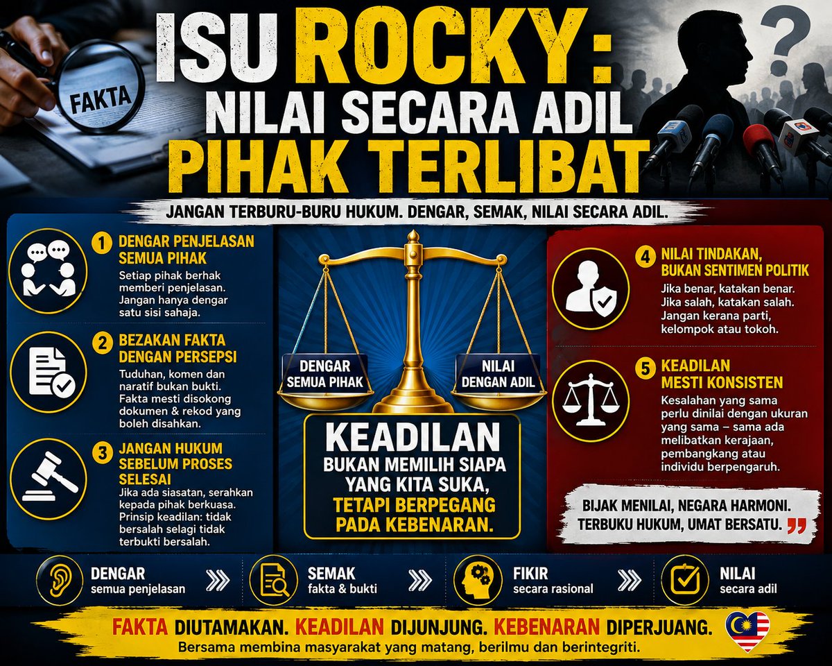 ChamMatahari's tweet photo. ISU ROCKY: JANGAN CEPAT HUKUM.
Dengar semua pihak. Semak fakta. Nilai dengan bukti.
Keadilan bukan tentang siapa yang kita suka, tetapi siapa yang benar.
#Rocky #Save #animals #Keadilan #Dontjudge https://t.co/IzDK6MGbFV