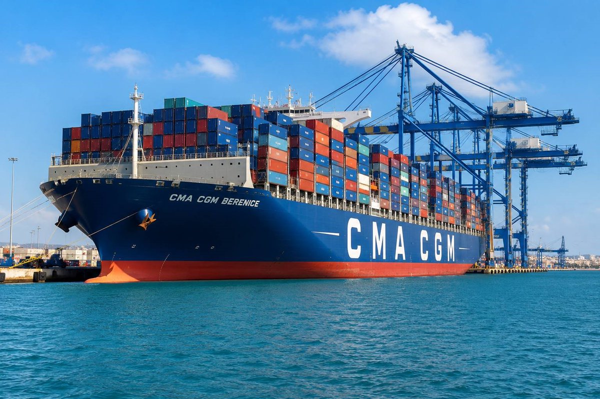maltabusinessrp's tweet photo. CMA CGM Berenice has set a new Malta Freeport record as the largest methanol dual-fuel containership handled there, with capacity for 16,204 TEUs.

https://t.co/fQsCMs5gBg

#MaltaFreeport #Shipping #CMA_CGM #Maritime #Malta https://t.co/HQnPgfXM2B