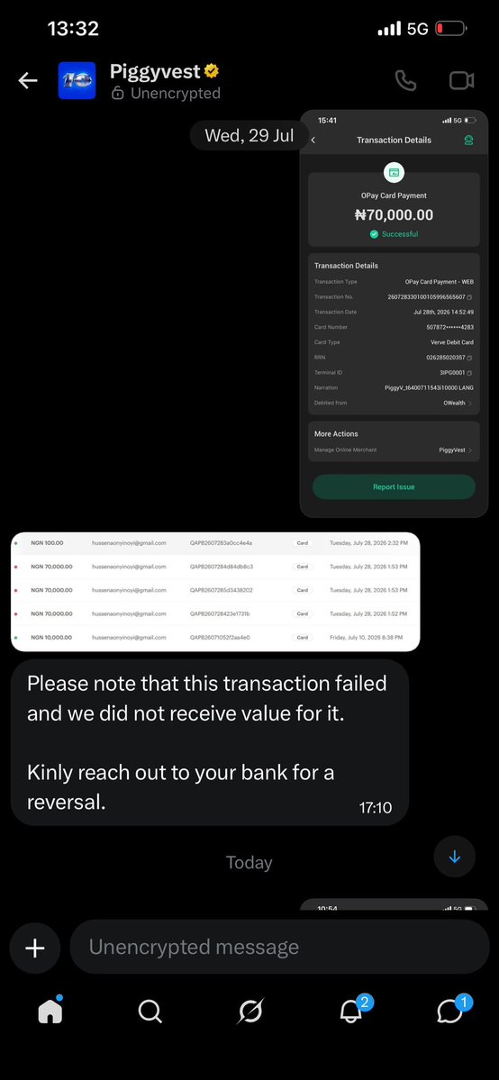 MHusaynah's tweet photo. On 28 July, I made a ₦70,000 transfer from my @OPay_NG account to my @piggyvest account. The transaction showed as successful, but the money was never credited to PiggyVest. @cenbank https://t.co/8sR2W0AGd5