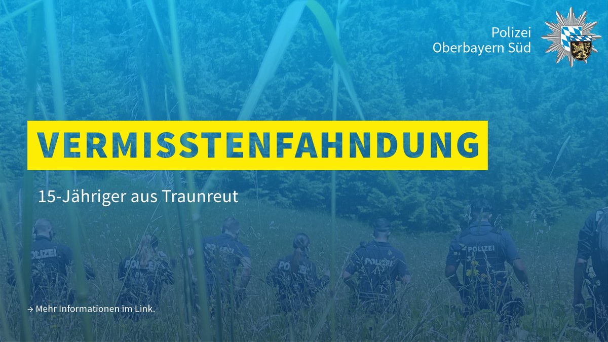 polizeiOBS's tweet photo. Ein 15-jähriger Jugendlicher aus #Traunreut wird aktuell vermisst. Nach bisherigen Erkenntnissen könnte er sich im Raum Übersee, Marquartstein oder Grassau aufhalten. Eine hilflose Lage kann nicht ausgeschlossen werden.
Hinweise 📞 08669/8614-0.
🔗https://t.co/1oJ0khpW0p https://t.co/RFTd4yIncn