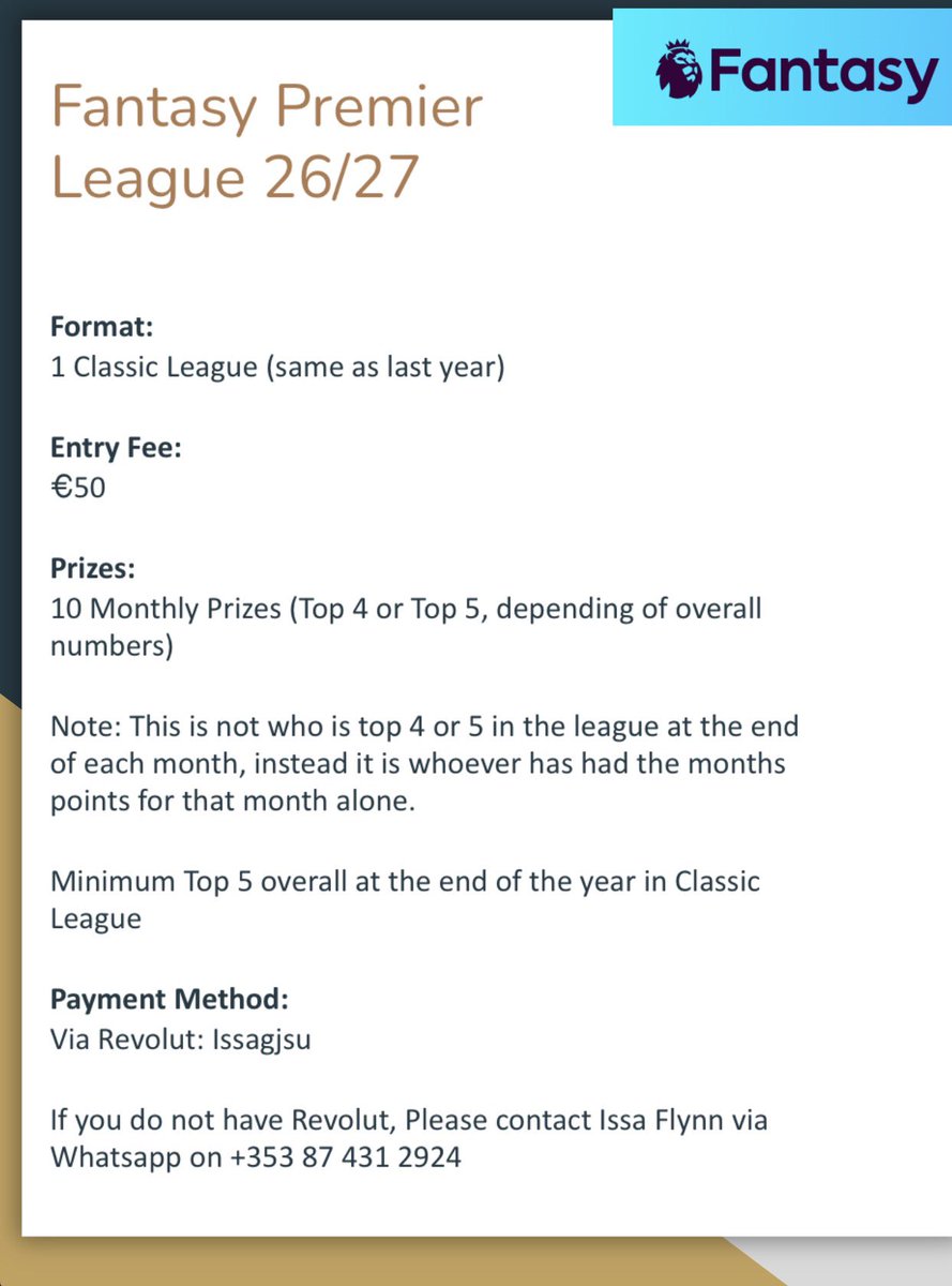 IssaFlynn1's tweet photo. FPL League with monthly and overall prizes. PM if interested! https://t.co/9uajHNzbkB