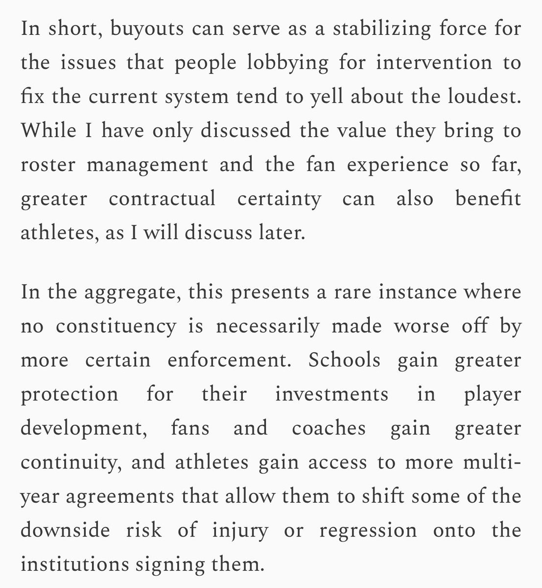 WinterSportsLaw's tweet photo. Noah is right.

Multi year contracts with enforceable buyouts would help bring more roster stability to college sports.

Employment contracts would greatly increase the enforceability/certainty of buyouts, when compared to the novel NIL/rev-share agreements we have now. https://t.co/TgH298RIcW
