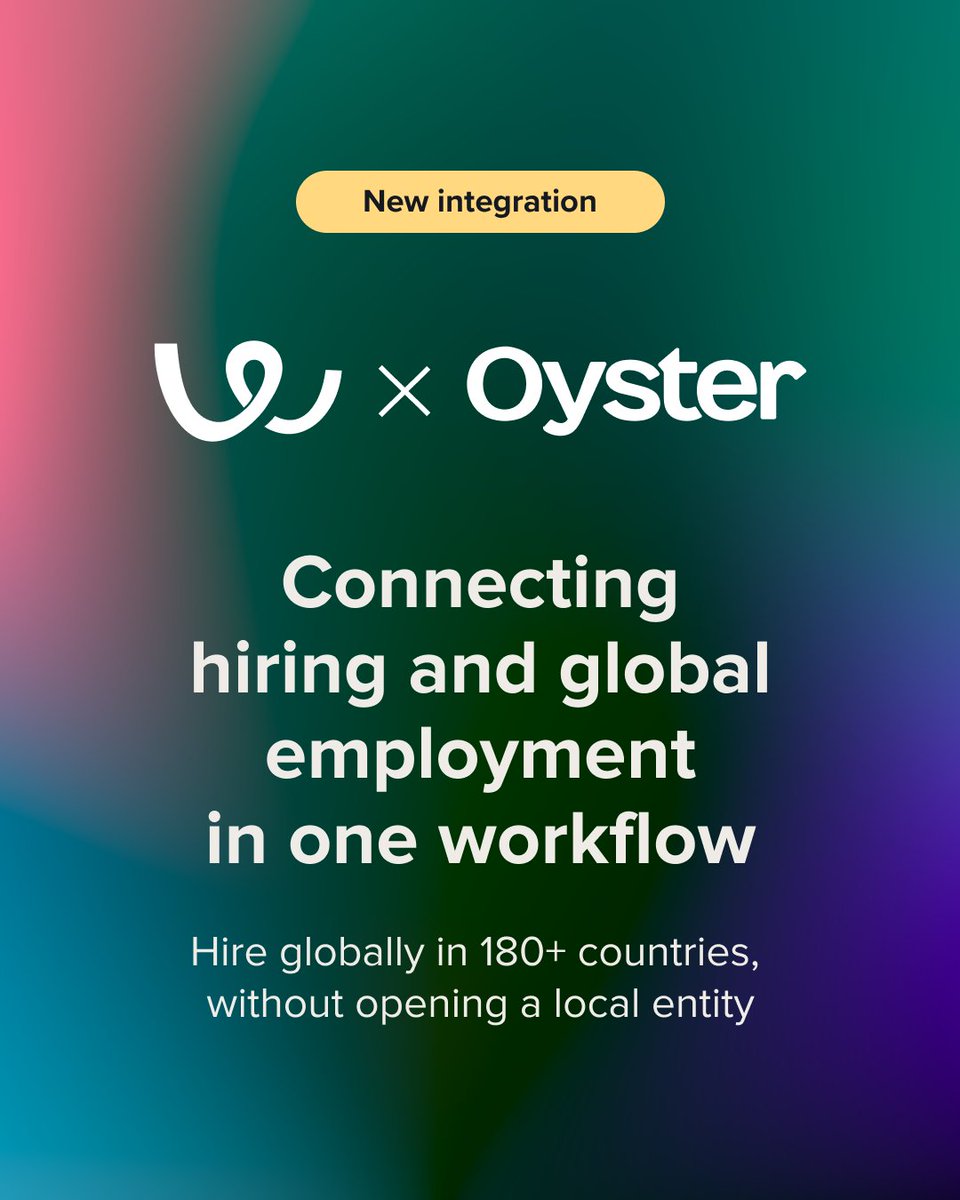Workable's tweet photo. To everyone managing distributed teams across borders: you no longer have to pick between speed and compliance. Workable and @HeyOyster now work together!

Hire fast. Employ right. No friction in between. https://t.co/DdCo2eIW8l