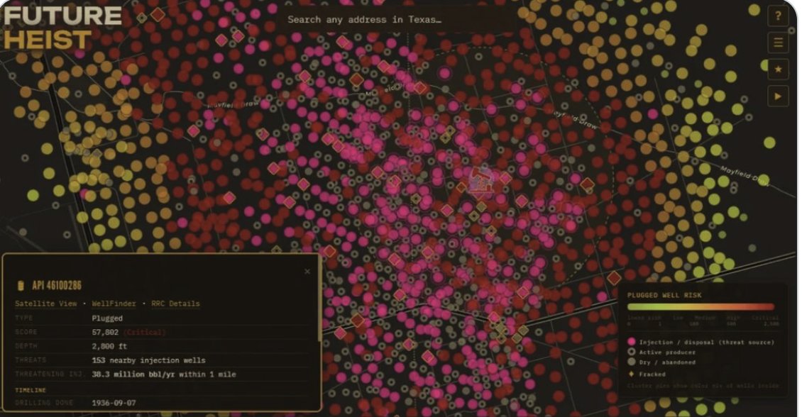 FutureHeistTX's tweet photo. Texas has ~25,000 plugged oil wells at critical risk of going "zombie", according to our analysis in
@HoustonChron. That's roughly 50x more than previously found. Check our new map to see if one is under your house.
https://t.co/uTHDobJ5xa https://t.co/7CtJYjzlWA