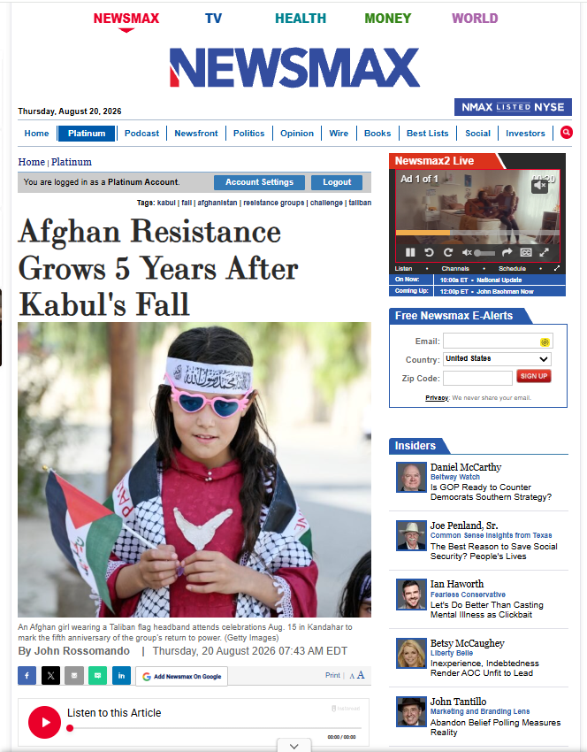John_Rossomando's tweet photo. Aug. 15 marked the fifth anniversary of the fall of Kabul to the Taliban, but the armed resistance to Taliban rule has not disappeared.
Former members of the Afghan National Defense and Security Forces (#ANDSF) continue efforts to oust the Taliban, with three main groups now waging a low-level insurgency despite scant international support.
The newest group to enter the fight is the Afghanistan United Front (#AUF), led by former Afghan National Special Operations Corps commander Lt. Gen. Sami Sadat. After operating as a political organization, the AUF announced Aug. 2 that it had begun military operations and claimed responsibility for attacks against the Taliban across Afghanistan, adding a Pashtun-led force to a resistance previously dominated by Tajik leaders.
"These are the faces of former Afghan National Defense and Security Forces personnel who were killed after the Taliban seized control," Sadat said in a July 20 post on X that included images of former Afghan government soldiers who had allegedly been tortured or killed by the Taliban.
"In the past three months alone, we have documented more than 184 former soldiers killed, many subjected to horrific torture. ... We refuse to forget them. To those who still sympathize with the Taliban, look at these faces and ask yourself: what if this were your father, your mother, your brother, your sister, your son, or your daughter? These are not statistics. They were Afghans."
Sadat continued: "They were our soldiers. They are our brothers and sisters. We will remember them, we will honor them, and we will never stop pursuing justice."
Sadat said he hopes to keep the Taliban under pressure. His group opened hostilities with an attack in Kandahar, one of the Taliban's principal strongholds.
"Choosing Kandahar was deliberate," Sadat told the Long War Journal. "We want to show them that there is nowhere safe from our attacks, even in the Taliban's supreme leader's house."
Until then, the AUF had operated as a political organization that sought to keep opposition to Taliban rule alive. The group held a forum on Aug. 15 aimed at raising awareness of conditions in Afghanistan.
Sadat had spoken for years about returning to Afghanistan to resume the fight. Until now, the most prominent leaders of the anti-Taliban resistance have been Tajiks. The AUF's entry adds a Pashtun-led force to the armed opposition. Pashtuns constitute the Taliban's principal ethnic base.
The AUF joins the Afghanistan Freedom Front (AFF), headed by former Afghan National Army Chief of Staff Gen. Yasin Zia, and the National Resistance Front of Afghanistan (NRF), led by Ahmad Massoud, son of famed Afghan mujahideen commander Ahmad Shah Massoud. Both groups include remnants of Afghanistan's pre-Taliban security forces.
Together, the groups have maintained a low-level resistance to Taliban rule since 2021.
They hope divisions between Taliban factions in Kabul and Kandahar, along with public fatigue with the Taliban's extremism, could encourage defections and eventually weaken the regime.
Sadat has spent several years preparing to resume the fight while building a political coalition on both sides of the Atlantic. The AUF has carried out operations independently of the AFF and NRF, although the three groups maintain friendly relations at the leadership level.
The resistance, however, faces significant obstacles to breaking the Taliban's hold over Afghanistan. Meanwhile, protests in northeastern Badakhshan province have highlighted tensions between Taliban authorities and some of the communities they govern.
The AUF claimed responsibility for 18 operations across Afghanistan during the first two weeks of its campaign. In a statement posted on X, the group said it would continue fighting until Afghanistan was freed from Taliban rule.
"Historically, Afghans first fight and then come to politics, and this has been the reason why we could not build a reliable political system," Sadat told the Foundation for Defense of Democracies' Long War Journal when asked why the group chose to launch military operations now.
"We have learned from our past mistakes and this time, we spent the time to assess the failures and successes, developed a workable strategy, assembled a team of committed Afghan generals, built an international network, and then launched operations."
AUF spokesman Gen. Hillel Kakar, writing on X, accused the Taliban of "treason" and said the penalty for treason is death.
Retired U.S. Air Force Lt. Col. Will Selber, an Afghanistan veteran and former intelligence officer, told Newsmax that Sadat brings significant credentials to the fight as a well-known Afghan military leader and a Pashtun from Helmand province.
Selber, however, sees a difficult road ahead for Sadat and the other anti-Taliban groups because they lack the kind of external sanctuary the Taliban enjoyed in Pakistan under the watch of the country's Inter-Services Intelligence agency.
Selber said the Taliban remain firmly in control of Afghanistan and that the resistance's lack of significant external financial and military support leaves the groups facing an uphill battle.
"It took the Taliban five years to really start increasing attacks against the United States," Selber said. "They have neither of those things. I think the question remains, what is success? What is it like in a couple of years?"
The question, Selber said, is whether success would mean capturing a small part of Afghanistan to establish a safe haven or seizing several provincial centers. For now, he said, the odds of overthrowing the Taliban remain long.