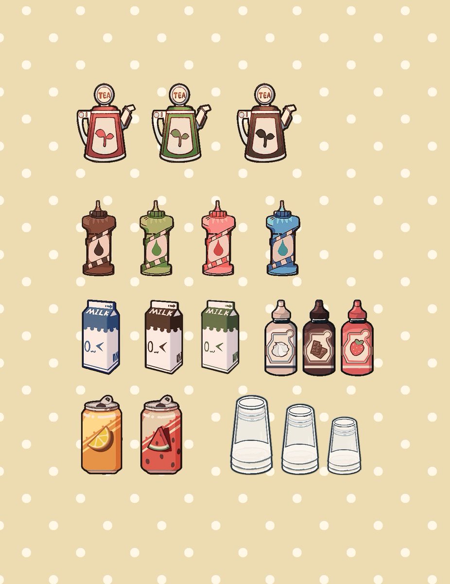 TinyPawGame's tweet photo. Some of the hand-drawn ingredients in my cozy game 🧋🐾

Tea, milk, syrups, soda, cups — all drawn by hand.

#PawsBobaShop #cozygames #cookinggames #gameart https://t.co/3ggaXGOqUk