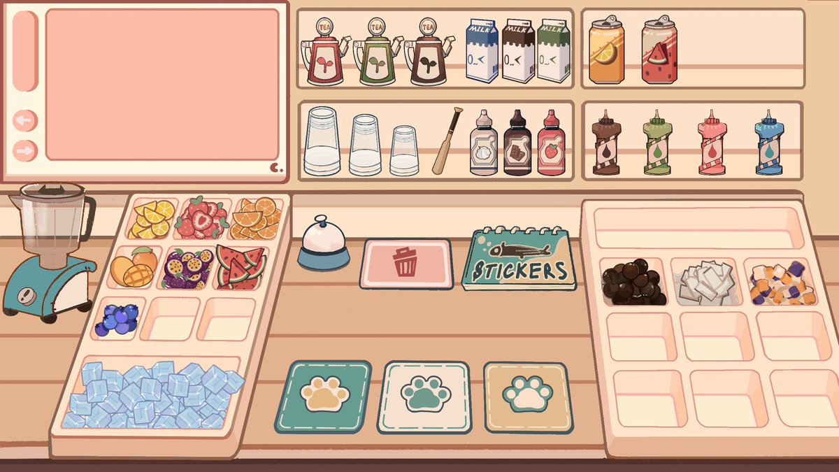 TinyPawGame's tweet photo. Some of the hand-drawn ingredients in my cozy game 🧋🐾

Tea, milk, syrups, soda, cups — all drawn by hand.

#PawsBobaShop #cozygames #cookinggames #gameart https://t.co/3ggaXGOqUk