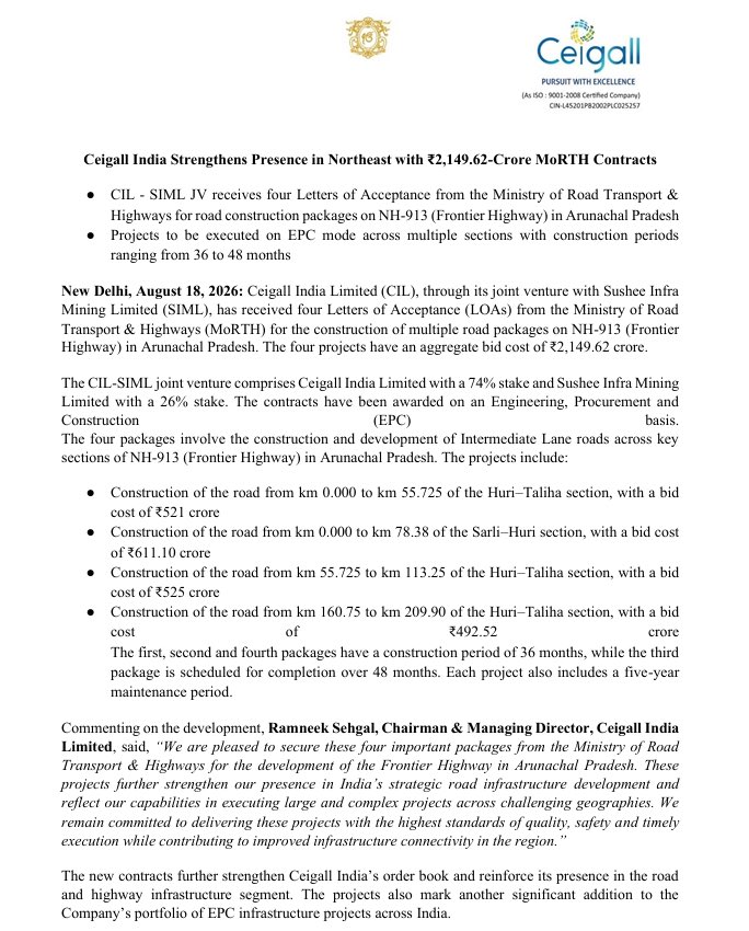 Infragati's tweet photo. Ceigall India JVs won 5 road projects worth ₹2,423.70 crore for NH-913 (Arunachal Frontier Highway).

The projects cover about 278 km across Bile-Migging, Huri-Taliha and Sarli-Huri sections, with 48-month construction and a 5-year maintenance period. https://t.co/cHViIyWdbY