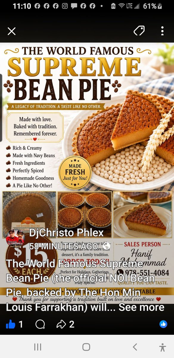 GMuhammad8's tweet photo. The World Famous Supreme Bean Pie (the official NOI Bean Pie, backed by The Hon Min Louis Farrakhan) will be in Boston soon. Contact me to place your order. https://t.co/Qe99dDIhIz