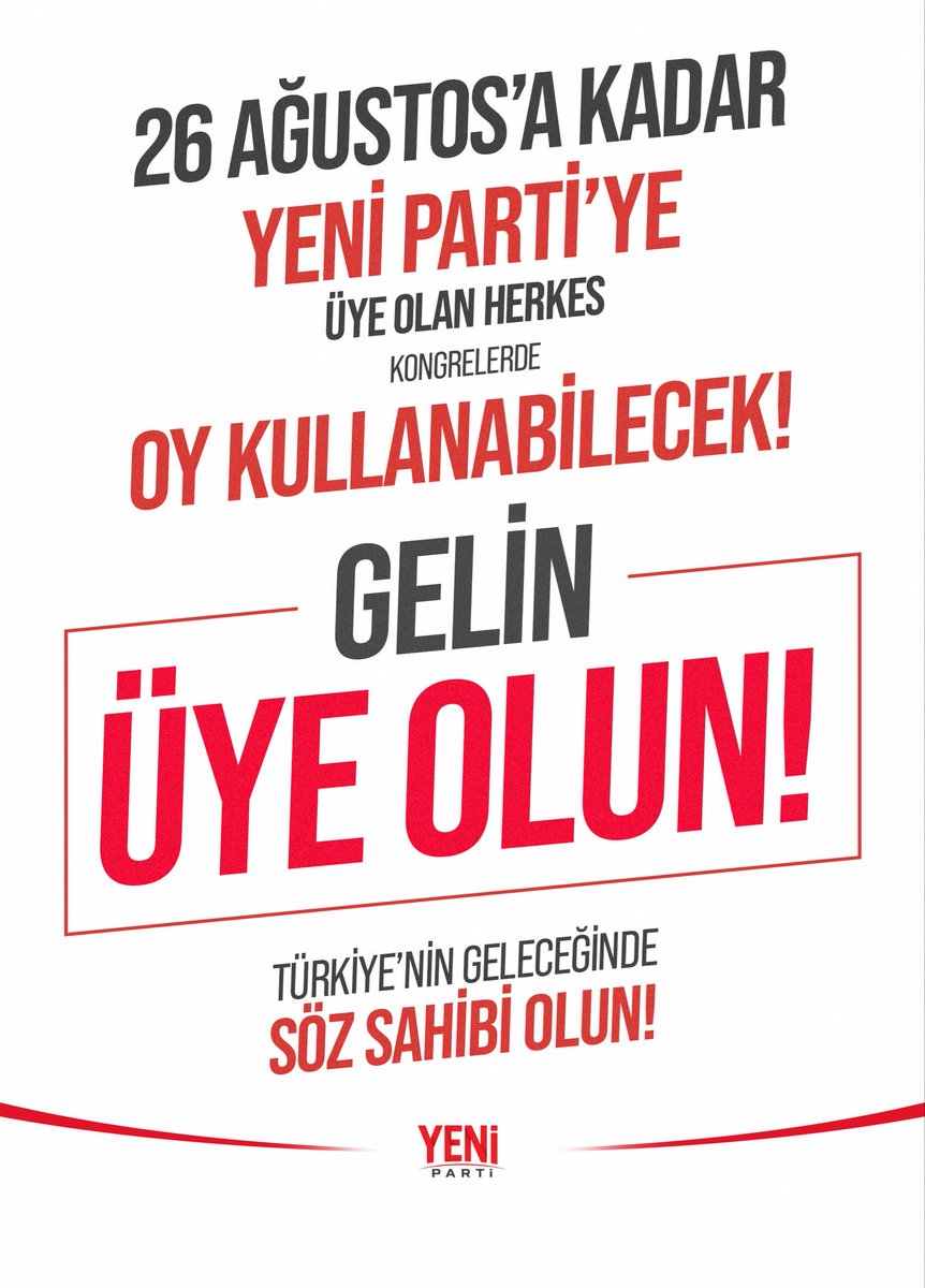 yenipartizmiril's tweet photo. Kongre takvimimiz açıklandı!

Partimize 26 Ağustos’a kadar üye olan herkes ilçe başkanını, il başkanını, genel başkanı doğrudan seçecek; yeni nesil siyaset YENİ Parti ile kurulacak.

Gelin, Türkiye’nin geleceğine yön verin!

👉 https://t.co/W80dImcCfs

#Yenibaşlangıç https://t.co/E1Ez9G5cAj