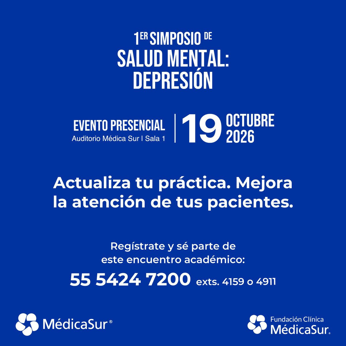 medicasur's tweet photo. **La salud mental también forma parte de cada decisión clínica. 🧠**

La depresión puede presentarse en distintos contextos y etapas de la vida, por lo que reconocerla y abordarla oportunamente es clave para una atención integral.

En el **1er Simposio de Salud Mental: Depresión** encontrarás un espacio de actualización, intercambio de conocimientos y perspectiva multidisciplinaria con especialistas de Médica Sur.

📅 **19 de octubre de 2026**
📍 **Auditorio Médica Sur | Sala 1**

**Aparta tu lugar e inscríbete ahora.**

🔗 Consulta el programa completo y regístrate: https://t.co/PrSpgbDyxn

#MédicaSur #SaludMental #Depresión #ActualizaciónMédica #EducaciónMédicaContinua