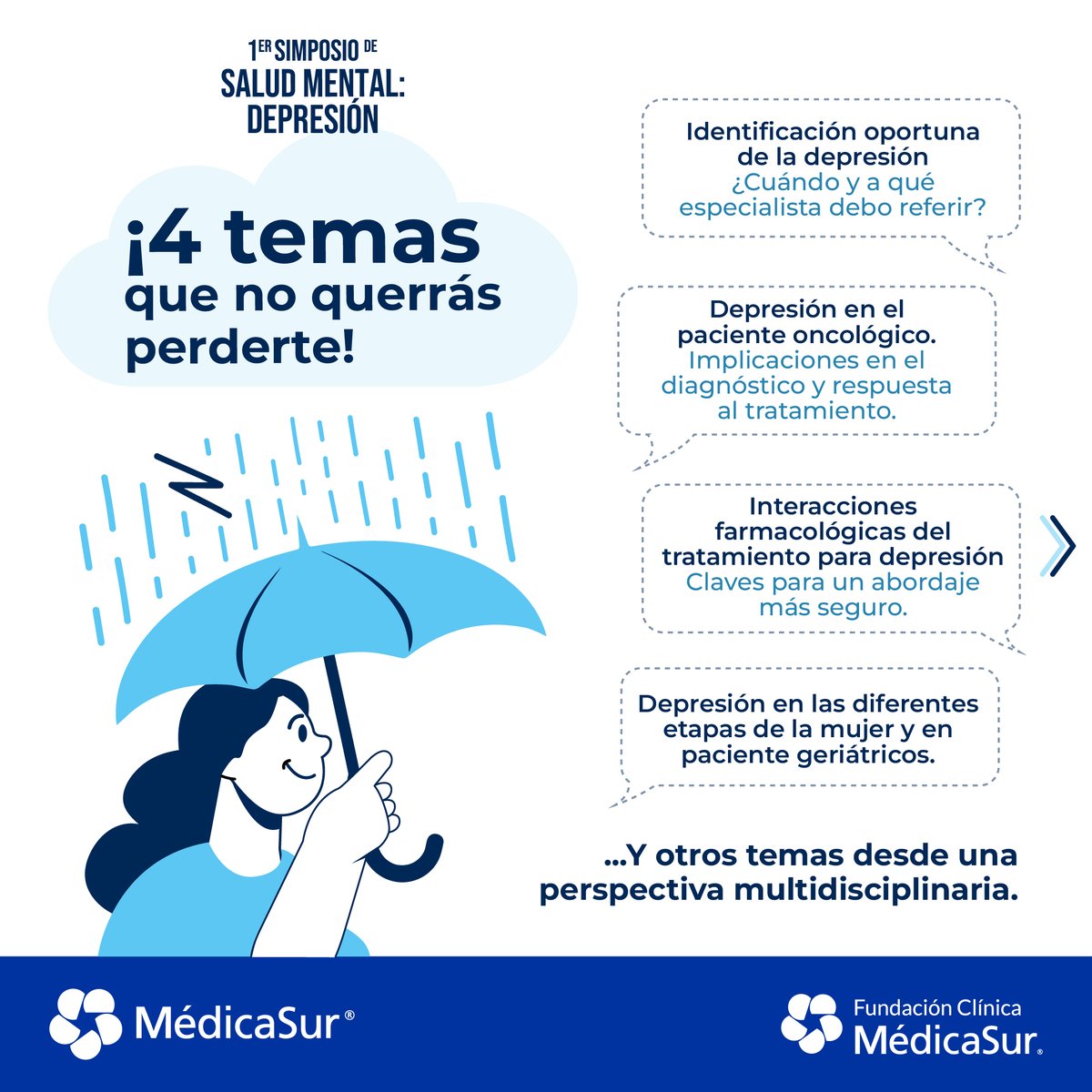 medicasur's tweet photo. **La salud mental también forma parte de cada decisión clínica. 🧠**

La depresión puede presentarse en distintos contextos y etapas de la vida, por lo que reconocerla y abordarla oportunamente es clave para una atención integral.

En el **1er Simposio de Salud Mental: Depresión** encontrarás un espacio de actualización, intercambio de conocimientos y perspectiva multidisciplinaria con especialistas de Médica Sur.

📅 **19 de octubre de 2026**
📍 **Auditorio Médica Sur | Sala 1**

**Aparta tu lugar e inscríbete ahora.**

🔗 Consulta el programa completo y regístrate: https://t.co/PrSpgbDyxn

#MédicaSur #SaludMental #Depresión #ActualizaciónMédica #EducaciónMédicaContinua