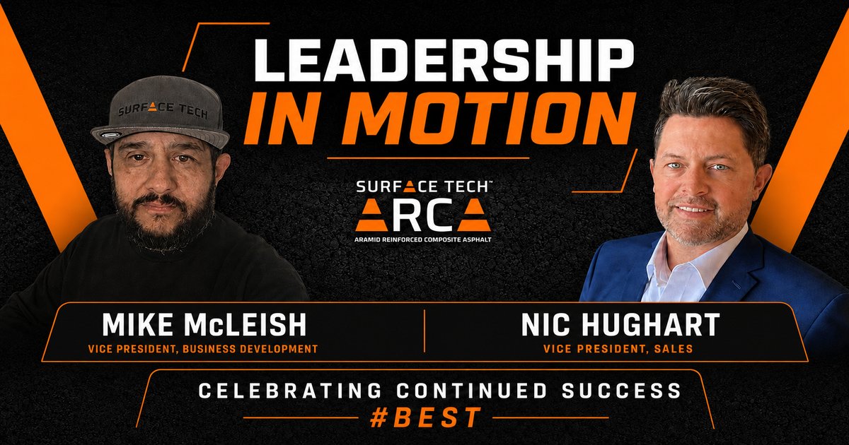 SurfaceTech_LLC's tweet photo. Leadership in motion at Surface Tech!

Please join us in congratulating Mike McLeish on his promotion to Vice President of Business Development and celebrating Nic Hughart’s continued leadership as Vice President of Sales.

Mike and Nic exemplify the dedication, experience, and commitment that continue to move Surface Tech and the ARCA industry forward. We’re proud to recognize their continued success—and proud to have them representing the #BEST.

Congratulations, Mike and Nic!

#SurfaceTech #ARCA #Leadership #BusinessDevelopment #SalesLeadership #AsphaltInnovation #TeamSurfaceTech #ACEXP