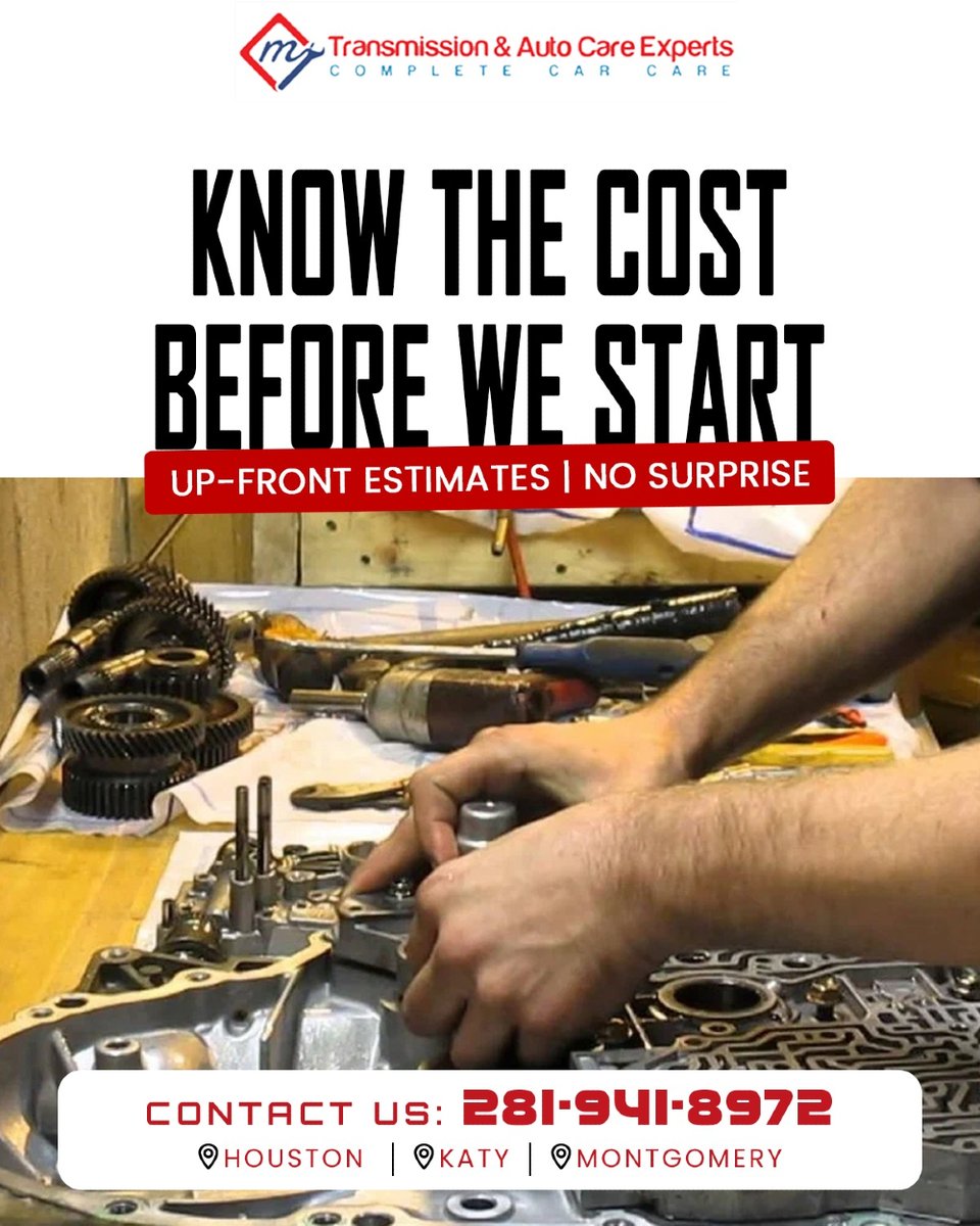 MyTransmissionX's tweet photo. Know the Cost Before We Start

We believe in honest, transparent service. Before we begin the work, we’ll explain the recommended repairs and provide an estimate so you know what to expect.

#HonestAutoRepair #UpfrontPricing #NoSurprises #AutoRepairHouston #TransmissionExperts https://t.co/2ETrWu0Tcg