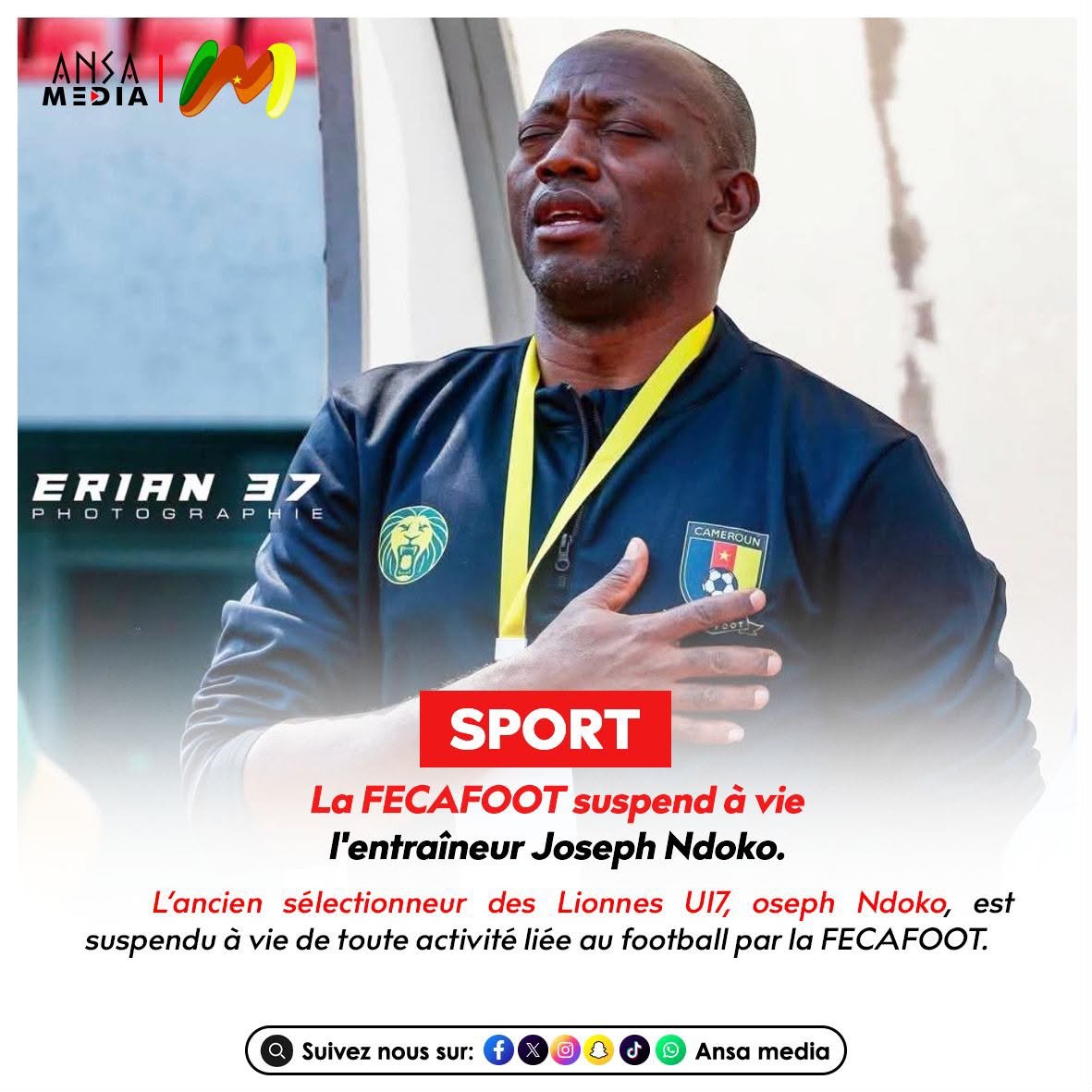 AnsaMedia237's tweet photo. La FECAFOOT suspend à vie l'entraîneur Joseph Ndoko.
https://t.co/OBUTfTJTRW
#FECAFOOT #JosephNdoko #Sanction #FootballCamerounais #Cameroun #AnsaMedia https://t.co/WACFmz25tv