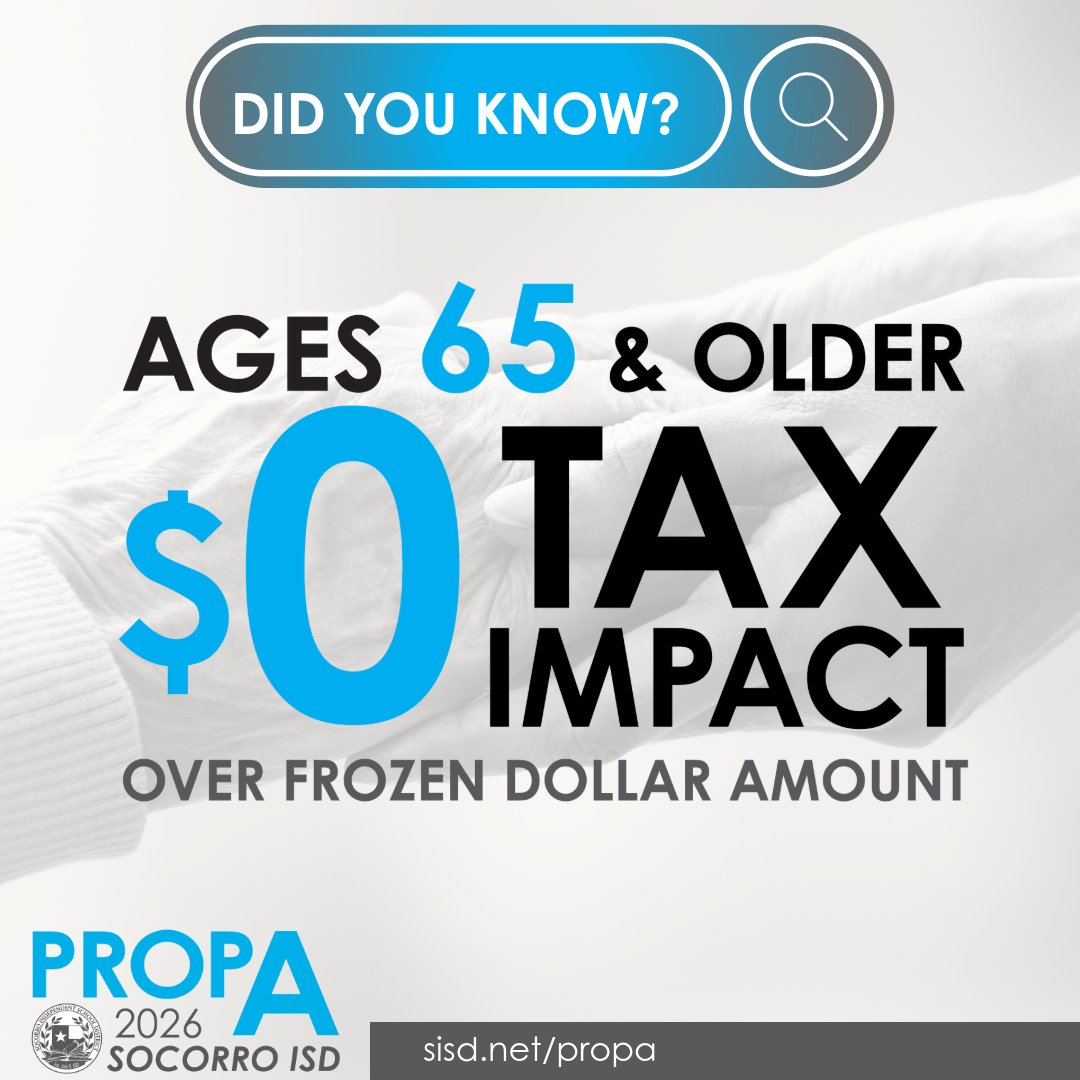 SocorroISD's tweet photo. 🏠 Are you 65 or older or a disabled homeowner? Here’s what to know about Prop A.  

Prop A would not increase school property taxes for qualifying senior citizens or disabled homeowners whose taxes are frozen, as long as they have applied for and received the appropriate homestead exemption and no significant improvements are made to the home.  

Homeowners age 65 or older with a home assessed at $200,000 or less will now see their school district taxes drop to $0 if they have filed for and received the Over-65 Exemption.  

Check your exemption status at the El Paso Central Appraisal District property search at https://t.co/frrIBBVKcY or call (915) 780-2131.