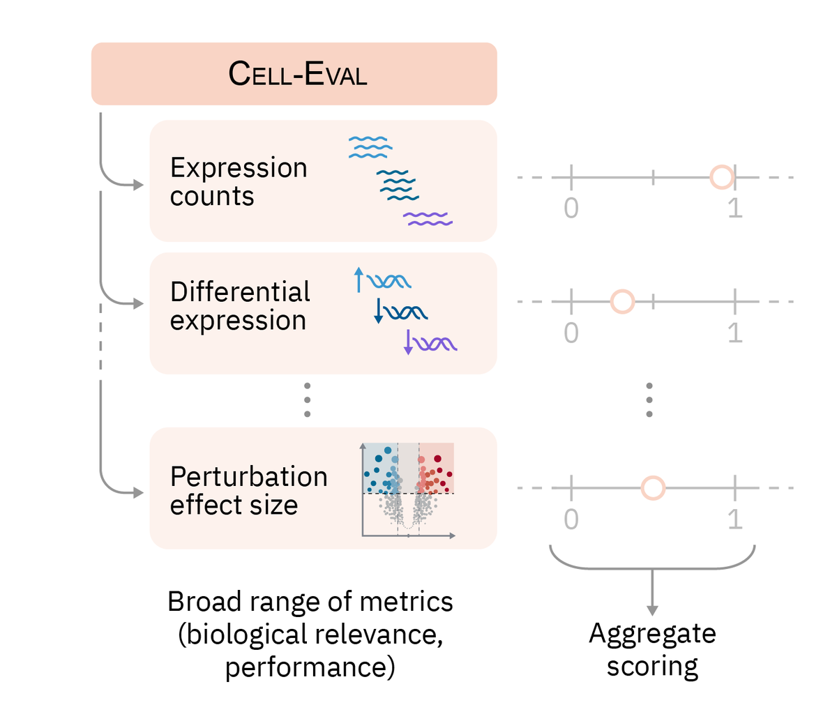 arcinstitute's tweet photo. We also redesigned the scoring. We're using six complementary metrics, each scaled between the cell context mean and data from a real replicate experiment.

The overall score is a single unweighted average over the six metrics and cell contexts. https://t.co/TuVjsA0l1t