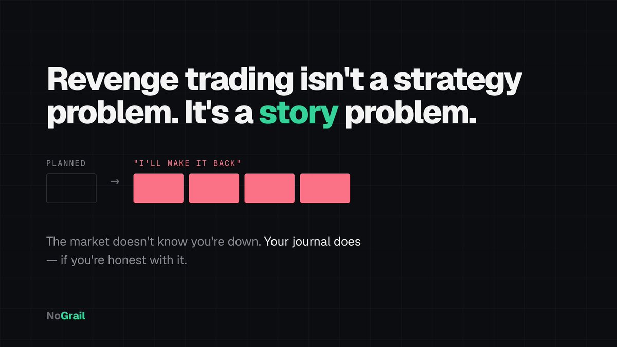newdevlife's tweet photo. Revenge trading isn't a strategy problem. It's a story problem. 

"I'll make it back" turns one planned loss into four unplanned ones. 

The market doesn't know you're down. Your journal does. If you're honest with it. https://t.co/6CnYYxVZ6U