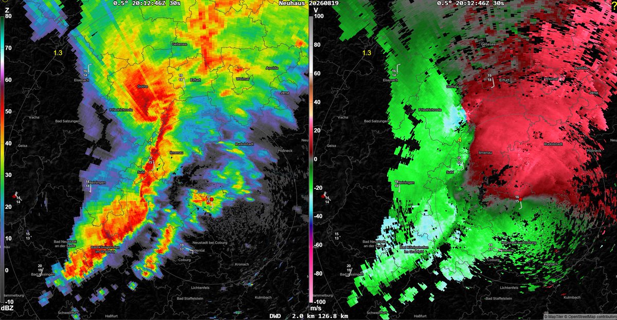 GerWeather's tweet photo. Some wild radar imagery from yesterdays surprise tornado outbreak in Germany. We're just starting to get a handle on things and it could already be one of Germanys most widespread and destructive tornado events of the 2020s. At least nine (possible) cases are under investigation. https://t.co/754yEx7Wx5
