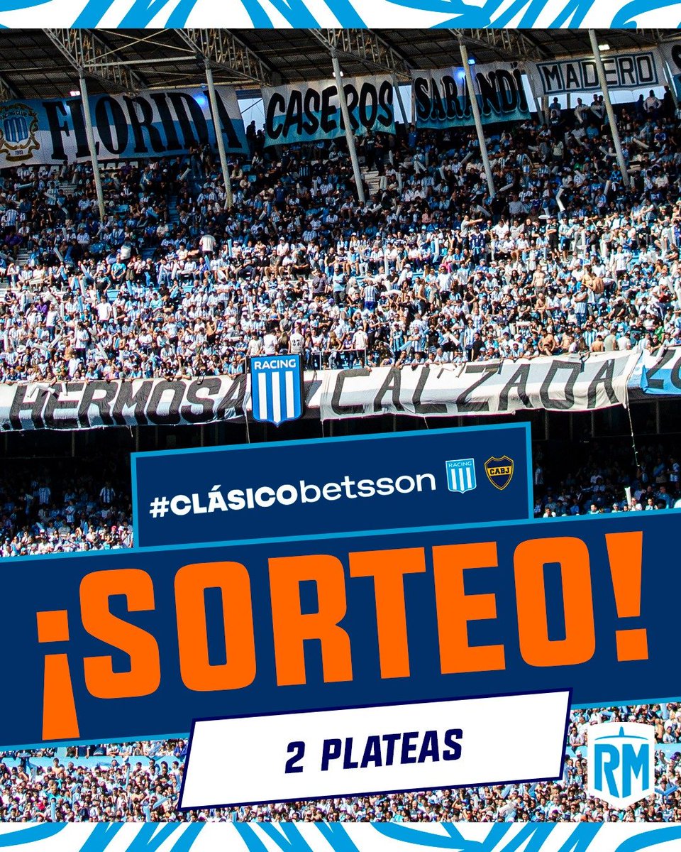 RacingManiacos's tweet photo. ¡¡TREMENDO #SORTEO!! 💣🔥

🏆 ¿QUERÉS GANAR PLATEAS PARA EL #CLÁSICOBETSSON ENTRE #RACING - #BOCA? 🎟️

👉 Seguí a @Racingmaniacos y a @Betsson_ARG.

👉 Dale RT y etiquetá a tus amigos

✅ ¡LISTO! El sábado anunciamos al ganador.

📍 Sólo válido para PBA, y el ganador y su acompañante deben tener 18 años o más.