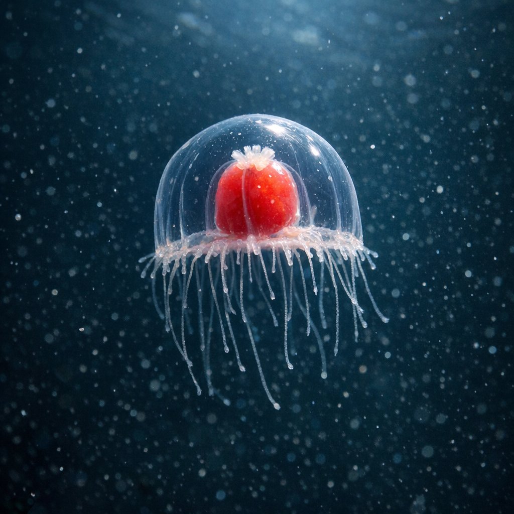 ebaaaay1's tweet photo. A jellyfish that ages backwards. When the 1 cm immortal jellyfish is injured or starving, it shrinks back into a polyp - the stage it was born from - and grows up all over again. In theory, forever. https://t.co/tgvKNa58FV