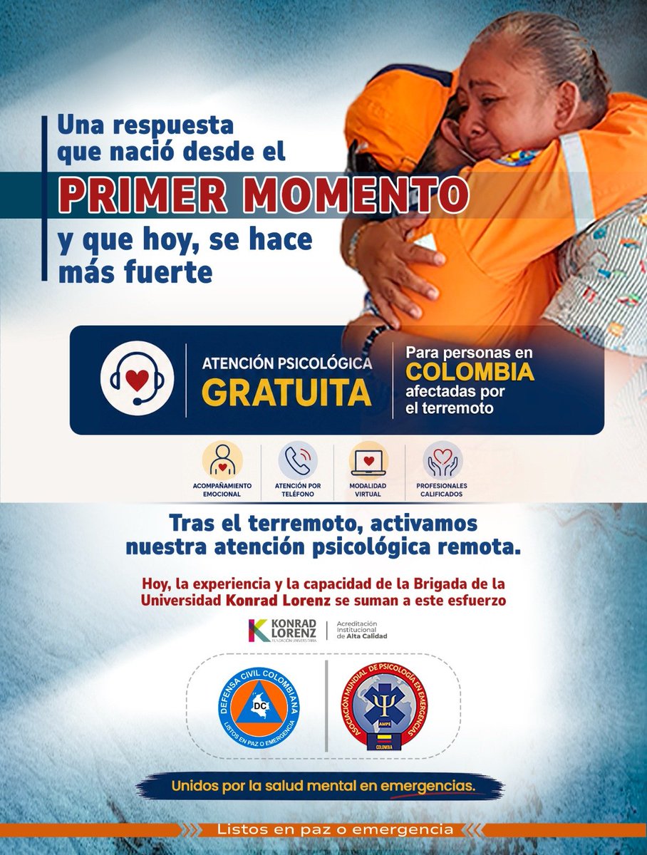 DefensaCivilCo's tweet photo. ¡La @ukonradlorenz se une a la @DefensaCivilCo y AMPE Colombia!

Si los sismos afectaron tu bienestar emocional, recibe acompañamiento psicosocial gratuito y confidencial por psicólogos expertos (virtual/llamada).

📌Solicítalo aquí: https://t.co/EnFxDKpI3S https://t.co/7Cm5MsmGjh