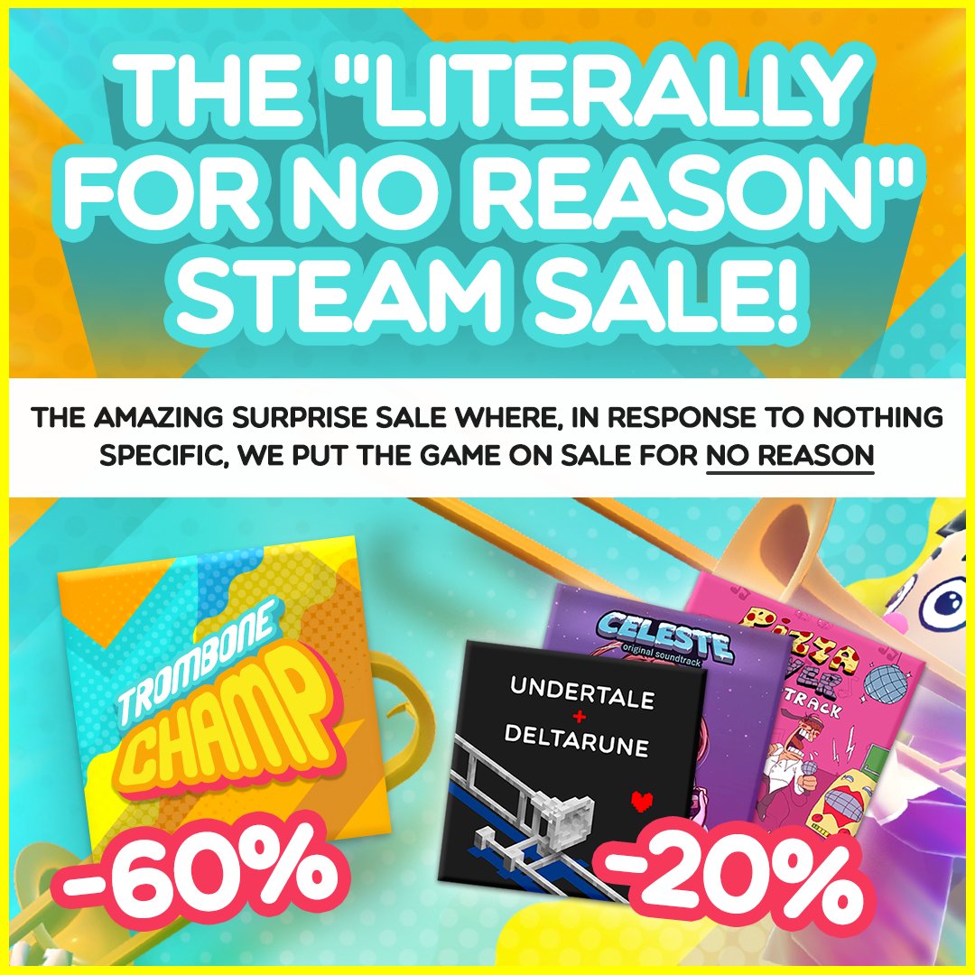 HolyWowStudios's tweet photo. Surprise!! Trombone Champ is 60% off on Steam for literally no reason whatsoever 🎉 Get 'em while they're hot! https://t.co/hGpueMEYs1 https://t.co/8ZVTT3x9cu
