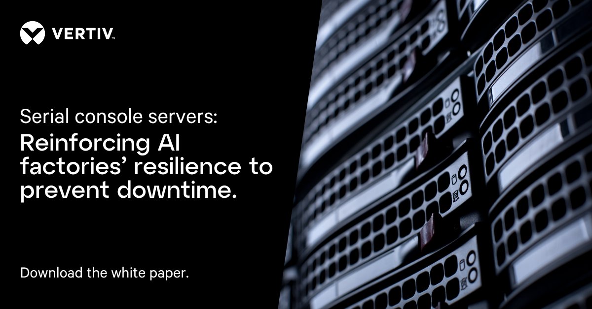 Vertiv's tweet photo. Serial consoles restore crashed GPU nodes in under 15 minutes, avoiding costly truck rolls and bypassing failed BMCs. Download the white paper to find the business and operational use cases: https://t.co/Vbpd4LsLWm
#SerialConsoles #AIInfrastructure #AIGPU #AIFactories https://t.co/20COYKbNSA