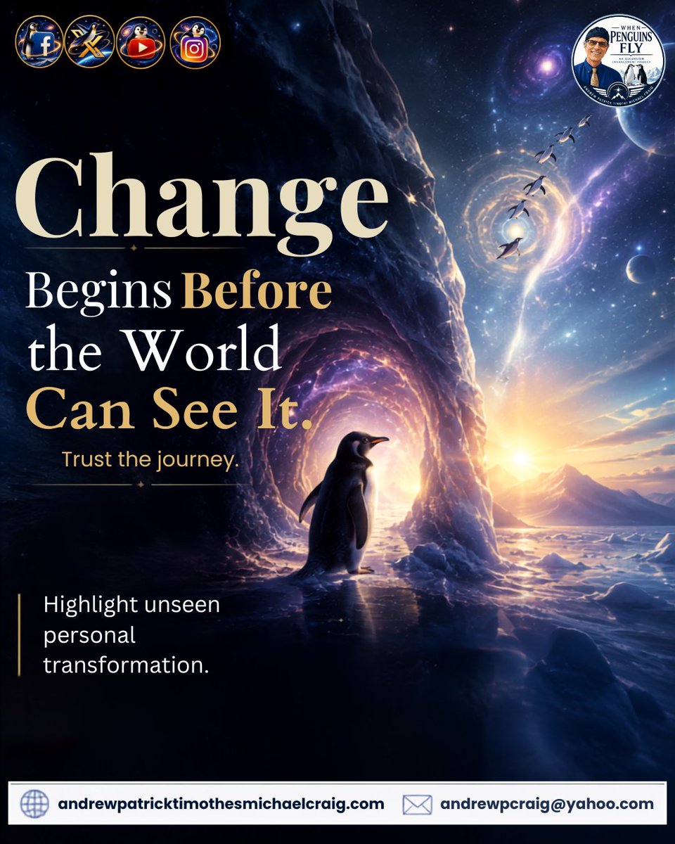 andrewcraig1950's tweet photo. Change often begins before anyone else can see it.
Trust your growth. Keep moving toward whatβs possible.
When Penguins Fly by Andrew Patrick Craig.
#WhenPenguinsFly #AndrewPatrickCraig #PersonalGrowth https://t.co/Sc2aZgshO7