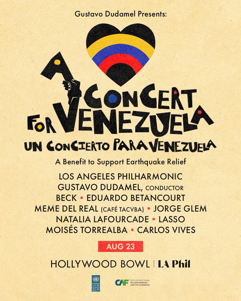 UNDP's tweet photo. 🎶 Join us in "A Concert for Venezuela" with Gustavo Dudamel and the @LAPhil for an evening of music and solidarity in support of those most in need following the Venezuela earthquakes.

Support reconstruction efforts. Don’t miss the livestream: https://t.co/Mc3E0PMRN6 🇻🇪❤️ https://t.co/6IGkz24XMB