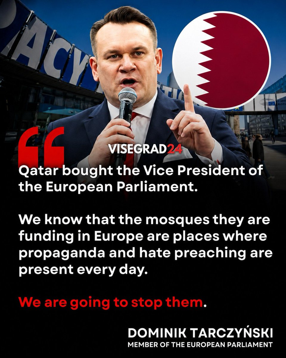 visegrad24's tweet photo. “Qatar bought the Vice President of the European Parliament.

We know that the mosques they are funding in Europe are places where propaganda and hate preaching are present every day.

We are going to stop them,” says Dominik Tarczyński.

The infamous Qatargate scandal, which Tarczyński referred to, was the biggest corruption scandal in the European Parliament’s history.

Numerous Members of the European Parliament and their associates accepted bribes from Qatar in exchange for promoting its interests in EU politics.

Authorities seized around €1.5 million in cash hidden in suitcases, apartments, and other locations. They found €150,000 in the apartment of Eva Kaili, who was one of the Parliament’s vice-presidents at the time.

Right before a crucial vote on human rights abuses in the Middle East, Kaili received a message directly from the Qatari Ambassador to the EU and NATO, Abdulaziz Bin Ahmed Al-Malki, which read:

“My dear, my ministry doesn’t want paragraph ‘A’ about FIFA and Qatar. Please do your best to remove it via voting before 12 noon or during voting please.”в
