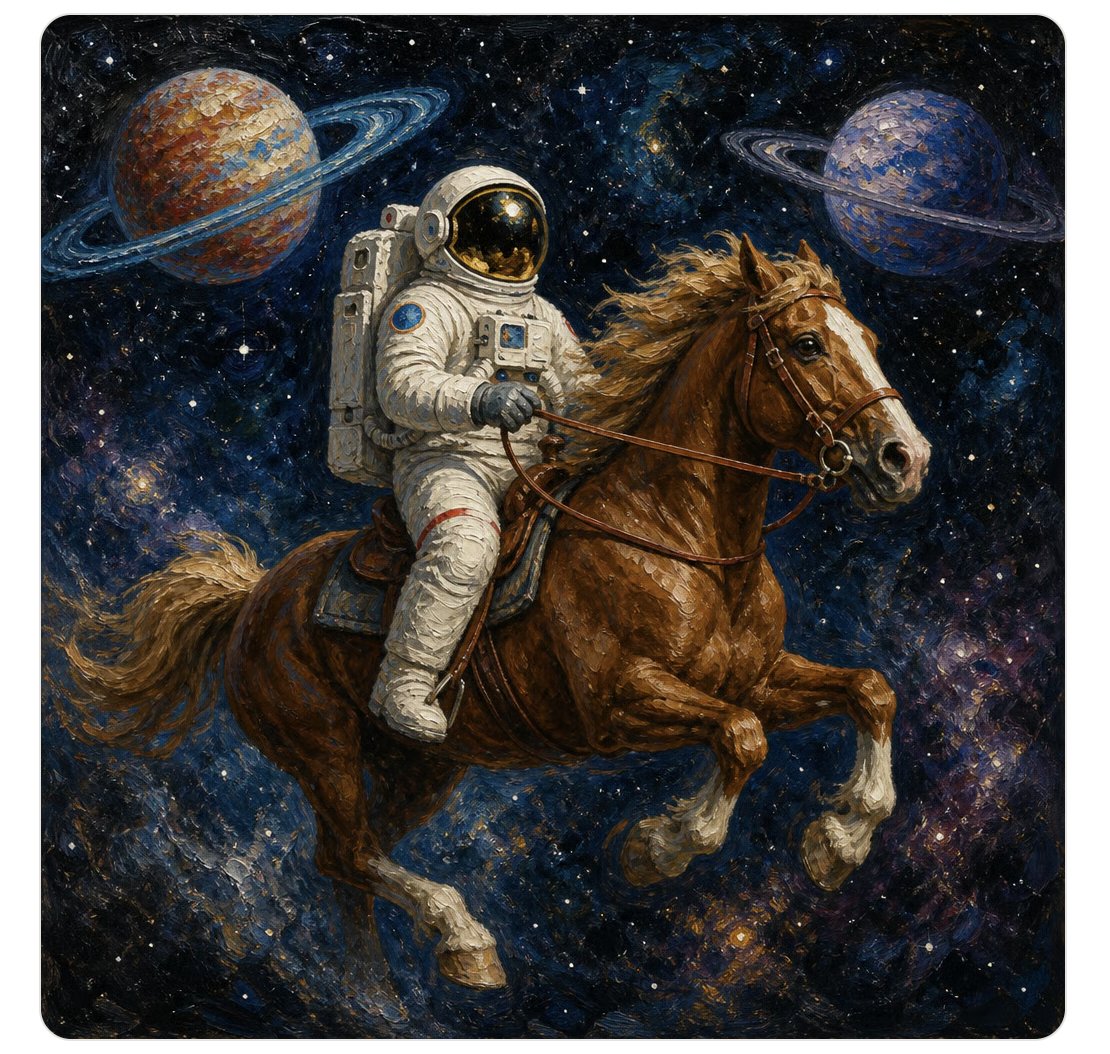 Holabossai's tweet photo. The spacesuit and the nebula are made of the same brushstrokes.

up close the white suit is thick palette-knife slabs, same length and direction as the star field behind it. the horse's mane is the exact gold-brown of the dust clouds it's galloping through.

the tack is the only thing painted like it belongs on earth — bridle, bit rings, reins, all tight and literal.

that split is written into the prompt: "visible thick brush texture" for the canvas, then "detailed bridle" called out on its own. one line asks for looseness, the other for precision, and openai/gpt-image-2 held both.

made in HolaOS, so the whole prompt sits on the post. read it:
https://t.co/kXeGFZXD1d