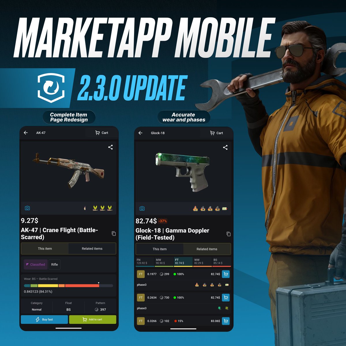 MarketCSGO_DEV's tweet photo. 📱 MarketApp Mobile 2.3.0 Update

The number of mobile Market users is growing - in Google Play alone, the app has been downloaded over 100,000 times! Thank you so much for your trust. To make trading from your smartphone even more convenient, we've prepared a major update.

✅ Complete Item Page Redesign

The main skin viewing screen has become more informative and intuitive:
▪️ Stickers and charms in one place: combined stickers and charms into a single interactive block. Tap it to open a viewing carousel. Now you can instantly see both the total value of the attachments and the price of each individual item.
▪️ Essentials at the top: moved the price right under the skin image, and shifted the button to view similar items higher up.
▪️ Accurate wear and phases: set up the correct display of wear percentage (float) and added phase display for eligible skins in the "Related items" section.
▪️ Clean interface: the Steam item description is now located at the bottom of the page, while the block showing the number of auto-buy requests has given way to clear charts and tables.

✅ Upgraded Sales Chart

The chart has become much more intuitive and convenient for analysis:
▪️ Pinch-to-zoom: added gesture support - you can now easily zoom the chart with two fingers.
▪️ Sales volume: added sales volume display so you can better understand market dynamics.

✅ Usability and Interface

▪️ List view: you can now enable a compact skin list mode on the main screen.
▪️ Accurate balance calculation: if you don't have enough funds in your cart upon purchase, the app will instantly prompt you with the exact amount you need to top up.
▪️ Control and security: added the ability to manually check trade protection status, as well as the display of important account notifications (2FA setup, payment password).
▪️ Polish: updated the settings design, removed the unnecessary float refresh button (Steam now passes it automatically), and fixed typos.

The new version is already waiting for you on Google Play: https://t.co/lf5GjTM8hc
and App Store: https://t.co/yUy5Mh7kiC
Hurry up and update! And if you have thoughts on how to make the app even better, share them on our Feedback Portal: https://t.co/3E3SgxH49r 💙
