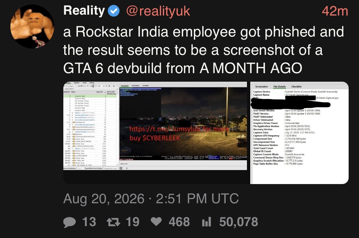 TheGregory_Info's tweet photo. 🚨Un empleado de Rockstar India habría sido víctima de phishing, y el resultado podría ser una captura de una dev build de GTA VI de hace aproximadamente un mes.

De confirmarse, sería una de las filtraciones más recientes del desarrollo del juego.

#GTA6 #GTAVI #RockstarGames https://t.co/YE09fUoglJ