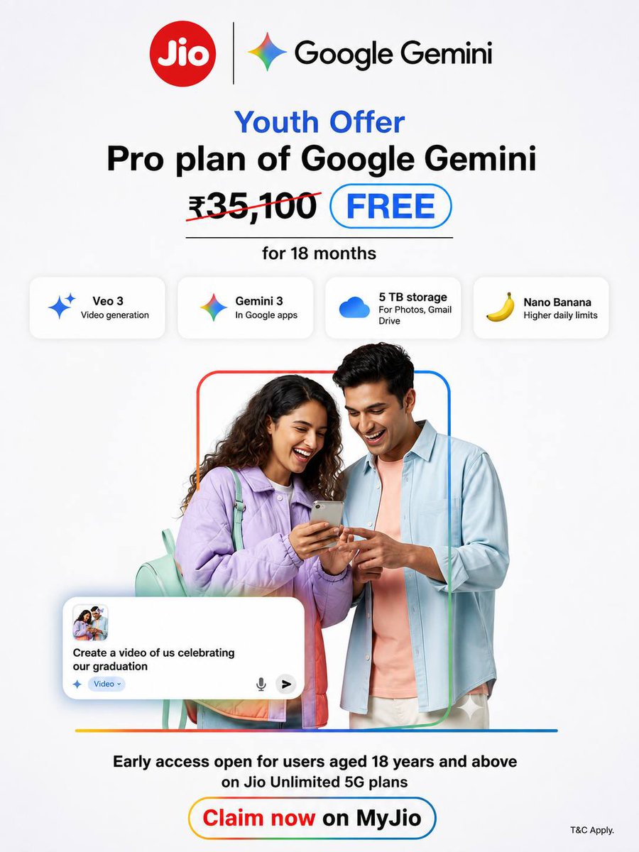 dealztrendz's tweet photo. Jio users get 18 months FREE of Google AI Pro worth ₹35,100

• Includes Gemini 3, 5 TB storage &amp; AI tools
• For Jio users aged 18+ with an active ₹349+ Unlimited 5G plan
• One-time claim per mobile number

Check the MyJio app to grab the offer!

https://t.co/OOdJjilbaw https://t.co/mSKJJ19Z1l