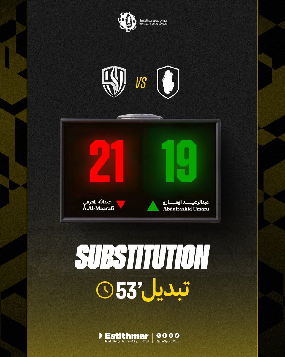 QatarSportClub's tweet photo. 🟢 دخول: عبدالرشيد اومارو
🔴 خروج: عبدلله المعرفي
⏱️: 53’
#QatarSC #الملك_قطراوي #قطر_الوكرة https://t.co/lC04ZCMwja