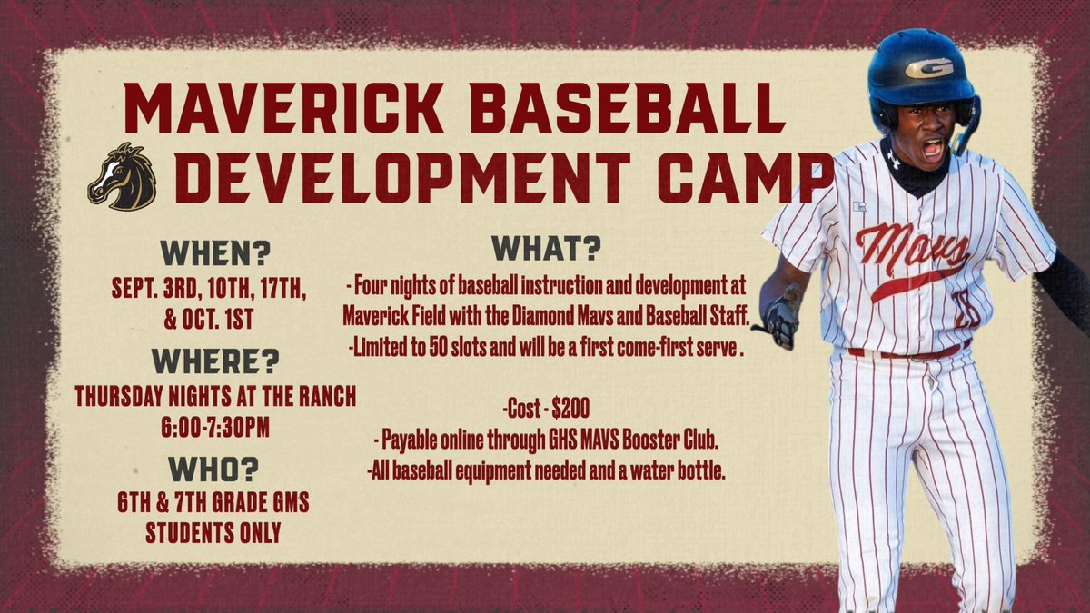 GM_BASEBALL's tweet photo. Attention: All 6th and 7th grade GMS students! Sign up through https://t.co/tc1t9PpvSP. Spots are limited to 50 athletes. #GoMavs https://t.co/UEzCaYRVsC
