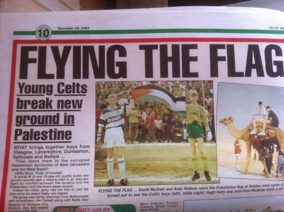 RedCardGlasgow's tweet photo. Although we posted yesterdaycthat the Green Brigade had been showing solidarity for Palestine for 10 years, Celtic fans have of course been flying the flag for Palestine for much longer.

Fantastic image from 1993 shared by a supporter. 🙏🙏 https://t.co/v9ZsaD5Hds