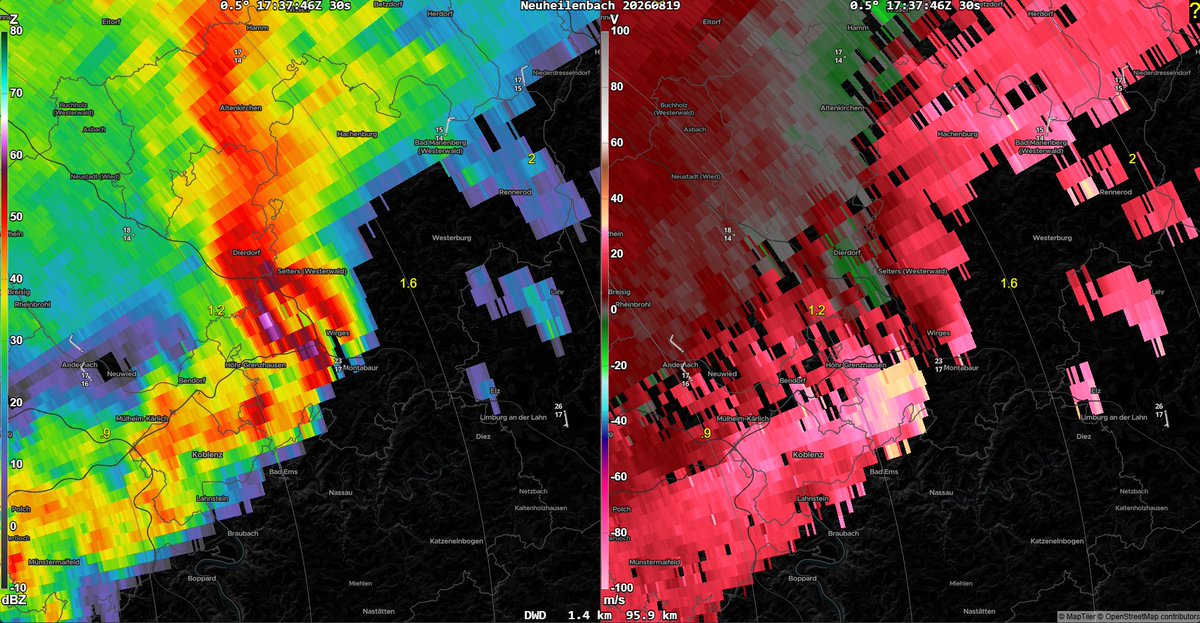 GerWeather's tweet photo. Some wild radar imagery from yesterdays surprise tornado outbreak in Germany. We're just starting to get a handle on things and it could already be one of Germanys most widespread and destructive tornado events of the 2020s. At least nine (possible) cases are under investigation. https://t.co/754yEx7Wx5