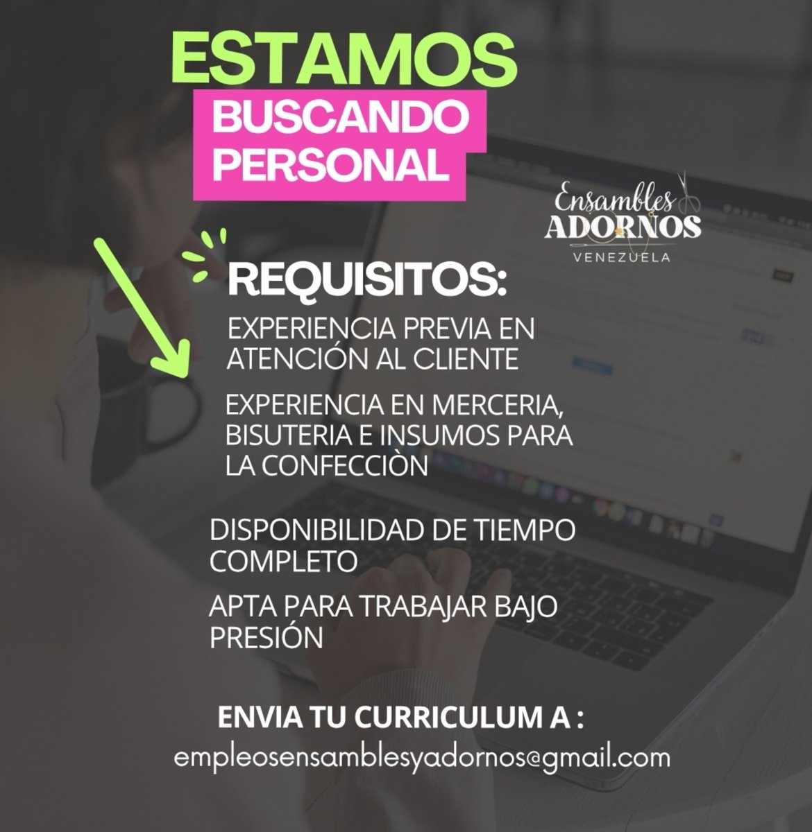 Empleoccs's tweet photo. 📍 ATENCIÓN - CARACAS 📍

Envía tu síntesis curricular actualizada al correo:

📩 empleosensamblesyadornos@gmail.com

​¡ÉXITOS! 🫰

​⚠️ IMPORTANTE:​ ⚠️

Recuerda, nosotros NO realizamos procesos de contratación ni selección.
.
#empleoccs #empleo #ccs #oportunidad #laboral https://t.co/D9vyQIqUxS