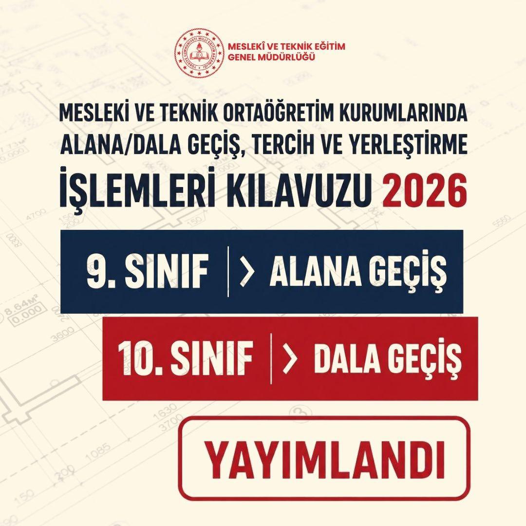 tcmeb_mtegm's tweet photo. 📘 Alana ve dala geçiş kılavuzu yayımlandı

Mesleki ve teknik ortaöğretim kurumlarında öğrenim gören;

🔹 9. sınıf öğrencilerinin meslek alanlarına,
🔹 10. sınıf öğrencilerinin meslek dallarına. geçiş ve yerleştirme işlemlerine ilişkin 2026 Kılavuzu yayımlandı.

🔗 Kılavuza ulaşmak için:
https://t.co/5tQgYD2sM5