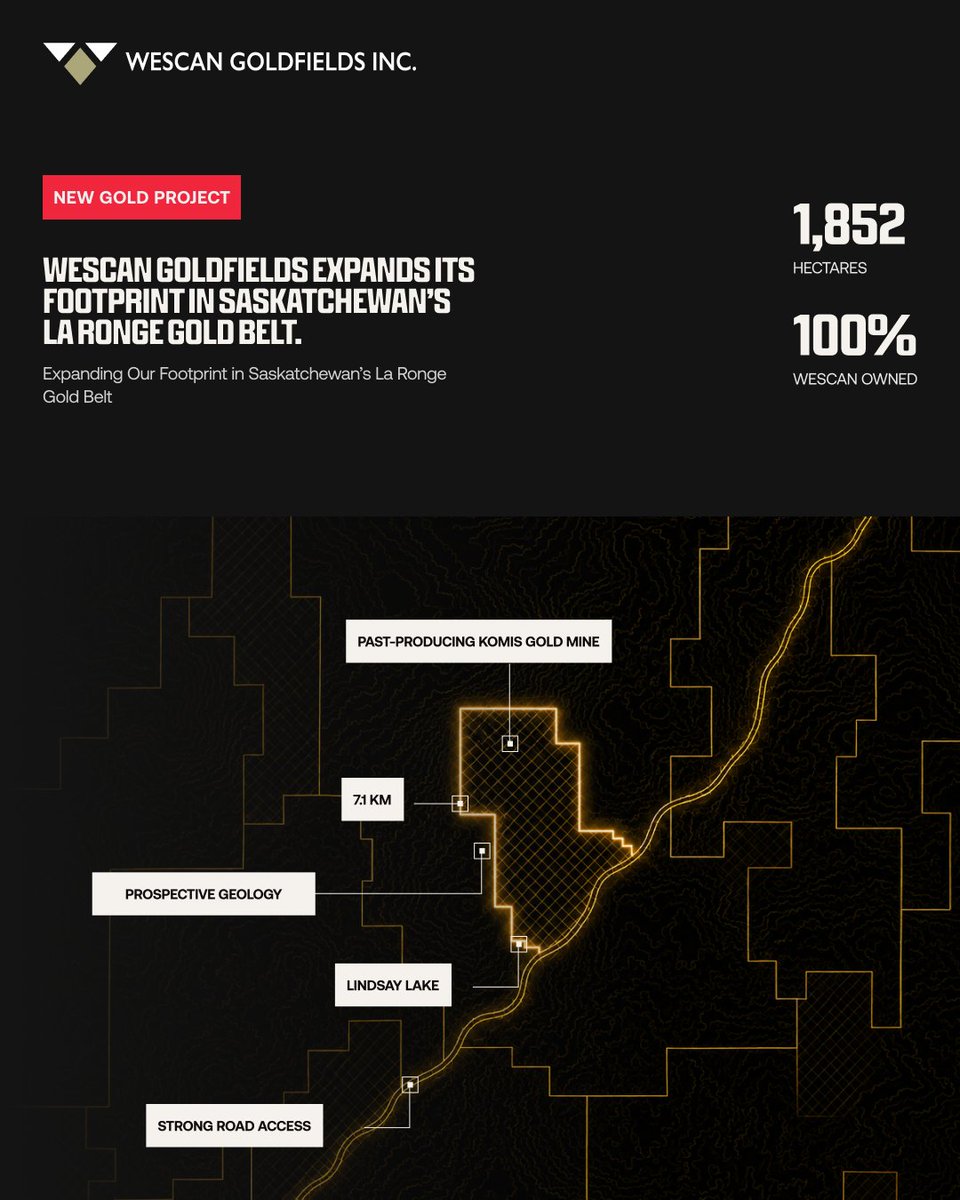 WescanGold's tweet photo. New Lindsay Lake Gold Project:

⛏️ 1,852 hectares
🟡 100% owned
📍 7.1 km south of the past-producing Komis Gold Mine
🪨 Prospective geology
🛣️ Strong road access

Lindsay Lake joins WGF’s growing portfolio of 100%-owned Saskatchewan gold projects.

🇨🇦 $WGF.V #gold #saskatchewan https://t.co/rGr6FrlOhX