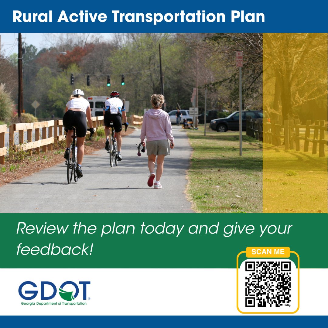 GDOTSW's tweet photo. 🌾 Your voice can help shape transportation in rural Georgia.

GDOT is accepting public comments for the Rural Active Transportation Plan. Share your ideas to help improve walking, biking, and connectivity in rural communities.

📝 https://t.co/N2YUVDOy9D https://t.co/OH25ME2EJP