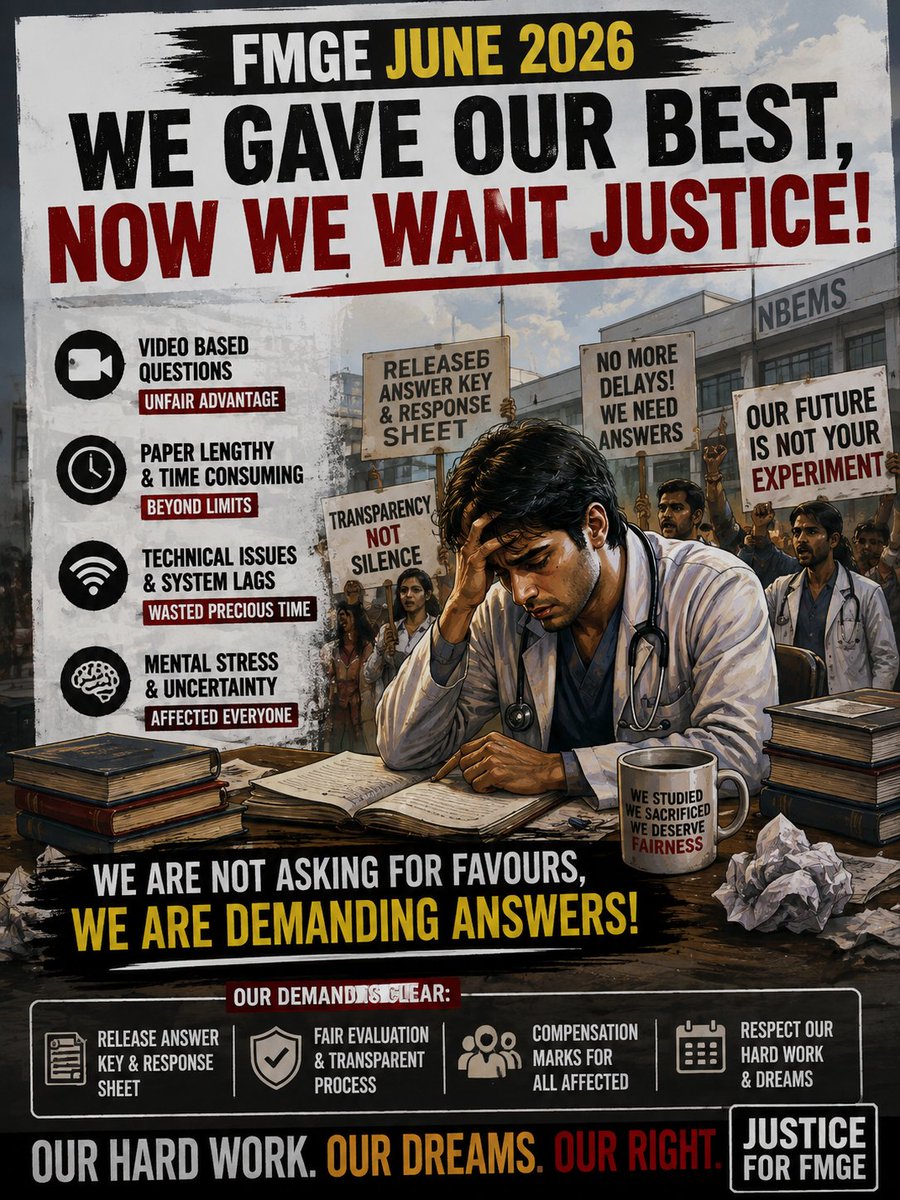 pkpansia's tweet photo. FMGE students are not asking for favours — we are demanding answers.

VB questions, technical issues, lengthy papers and time pressure created an unfair disadvantage.

Our hard work. Our dreams. Our right 
#FMGE #FMGEJune2026 #JusticeForFMGE #CompensationMarks #WeWantJustice https://t.co/tDXea76CN6