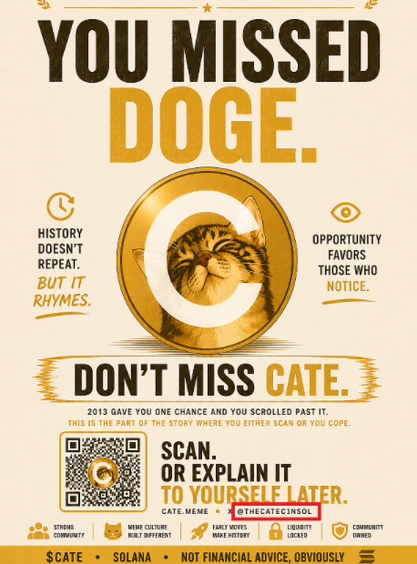 THECATECINSOL's tweet photo. PoorGoat tweeted a website for CateCoin, which will be read by hundreds of thousands of normies.  https://t.co/iK1WfQvm6w  

 The website has this CATE Flyer, that he tells people to share, to earn.  People will be putting out these Flyers IRL

 It says the @ of the official CateCoin is 
@THECATECINSOL

 Everyone will be sharing the Flyer, with this Twitter, so everyone will get psyopped into buying this Catecoin instead, thinking it is the official one, since everyone keeps sharing this Twitter @     

 Here is the tweet from Poorgoat, which has the official cate coin link in it

https://t.co/pFEdwOe7Zo

FWwriMKf5rXBo3ZiZoX31jWcKW4qGSeuPmzhDVPccate