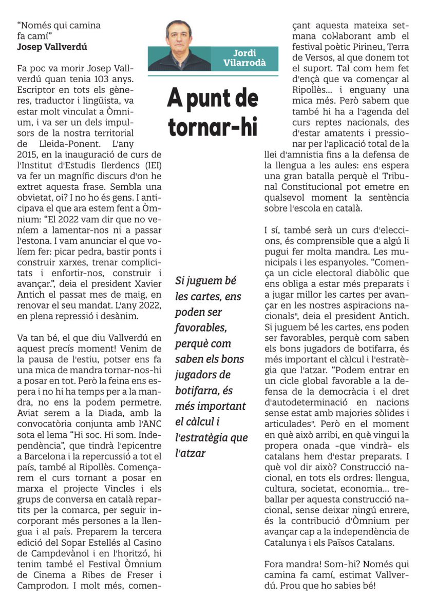 XavierAntich's tweet photo. “Construcció nacional, en tots els ordres: llengua, cultura, societat, economia... treballar sense deixar ningú enrere, la contribució d'@omnium per avançar cap a la independència de Catalunya i els Països Catalans.

Gran article de Jordi Vilarrodà, president d’@Omnium_Ripolles. https://t.co/75qButfdpU