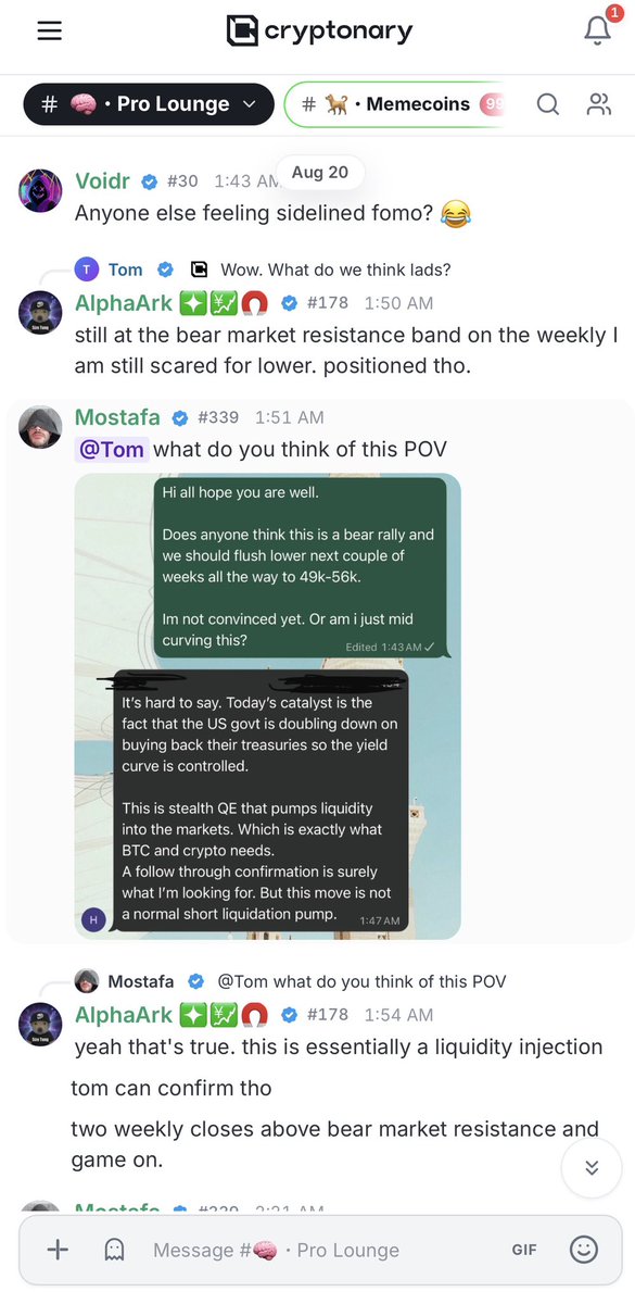 cryptonary's tweet photo. Sidelined FOMO. One of our members named it in our community at 1:43 this morning, and half of crypto is feeling it today.

The market is up 10% in two days and you are not in. Watching a rally you did not buy hurts worse than a losing trade. A loss ends. The watching just goes on.

The honest question to sit with: what would you do differently, knowing only what you knew on Monday? On Monday the big ETF buyers had been selling for a week, the market had been quieter than at any point in years, and every rally for six weeks had failed. Staying out was not stupid. It was the right read of the information available.

Chasing now just to make the feeling stop is how good judgment dies. If this move is real, it will give you another chance at better prices. A move that never does was never your trade.

We logged our own miss this morning: we called a breakdown, we got a rip, we graded it publicly. The map has not changed. A weekly close above $72k tells us the bottom is in. $65,400 holding tells us this breakout is real.

What is harder: taking a loss, or watching a rally leave without you?