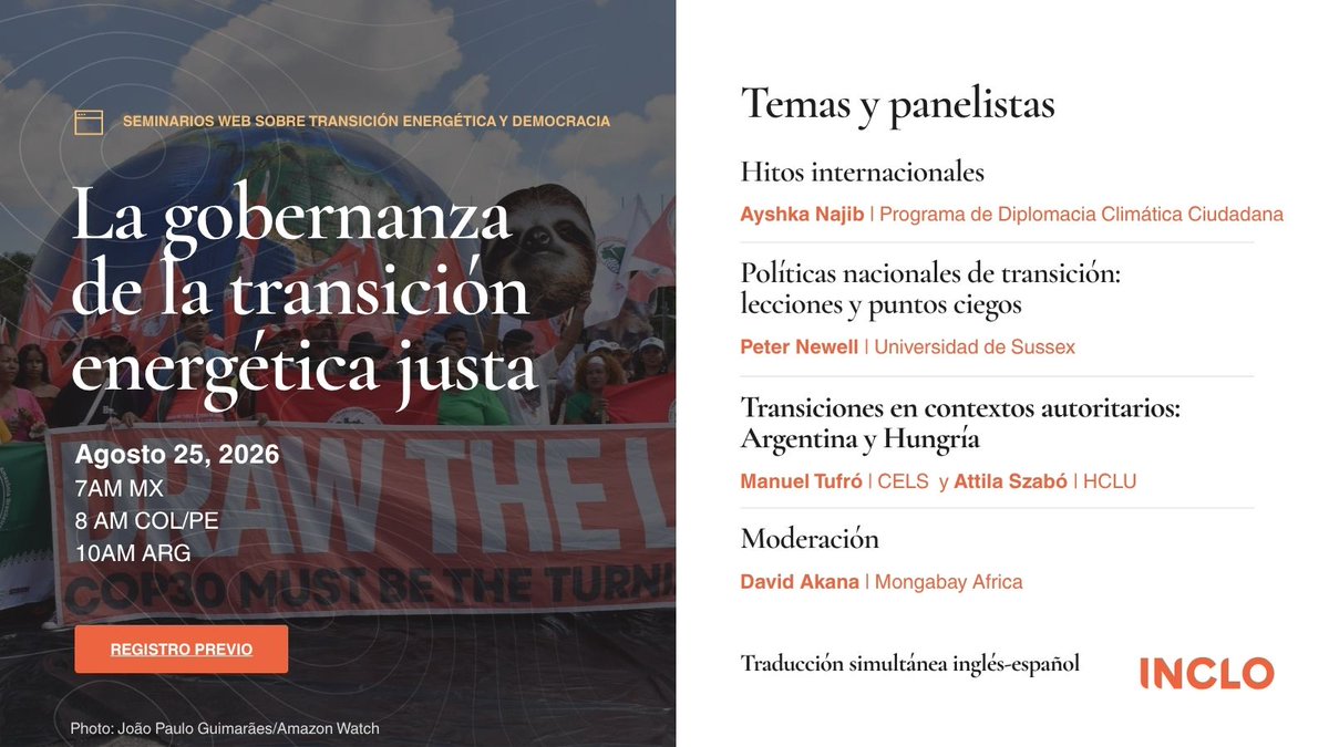 INCLOnet's tweet photo. 🌎Transiciones energéticas justas en tiempos de retroceso democrático. ¿Cómo mantener el rumbo?

Sumate al primer encuentro virtual de INCLO. Vamos a hablar de hitos y lecciones, en medio de derivas autoritarias.

🗓️25/8 8h COL / 10h ARG
Inscripción previa https://t.co/fezWKTVPos https://t.co/nl0hNOHock